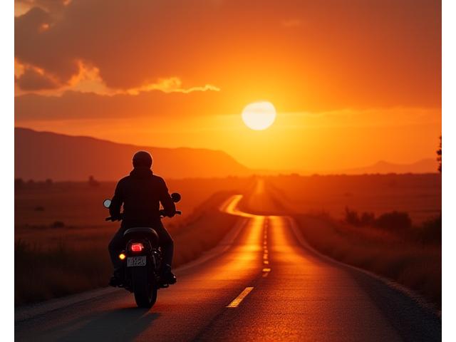 Motorcycle rider on a winding road at sunset, symbolizing freedom and journey.