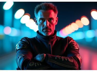 Portrait of Mike 'The Grip' Rodriguez, a biker with tattoos, showcasing a pair of performance motorcycle gloves, with a track bike in the blurred background.